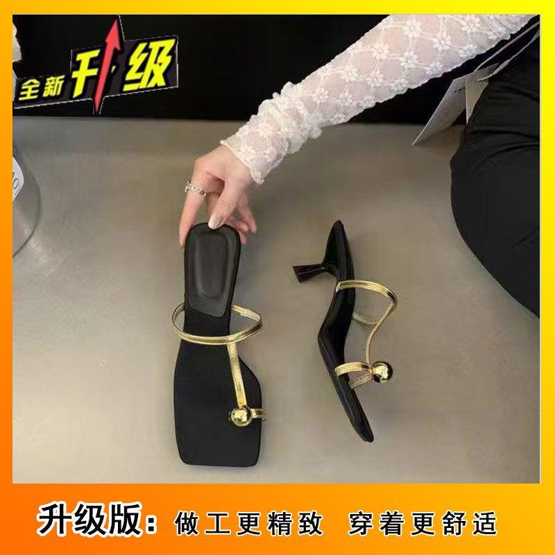 2025 summer pearl decorative toe slippers women's thin heel square head cover toe Roman sandals holiday style T-shaped high heels