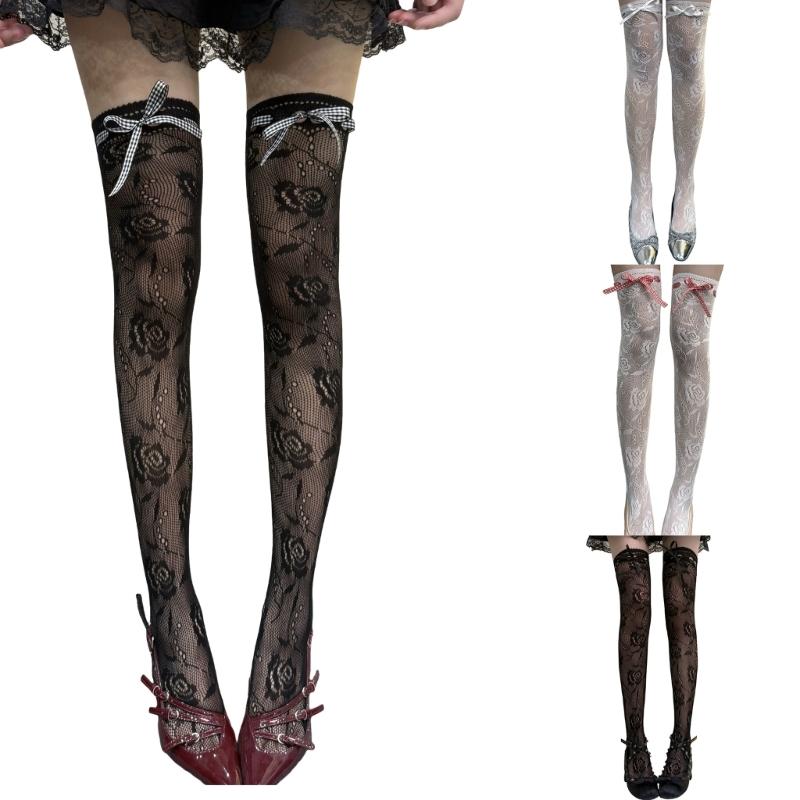 Lace Thigh High Socks With Rose Pattern Hollows Out Design Breathable Over Knee Stockings For Women Comfortable Polyester