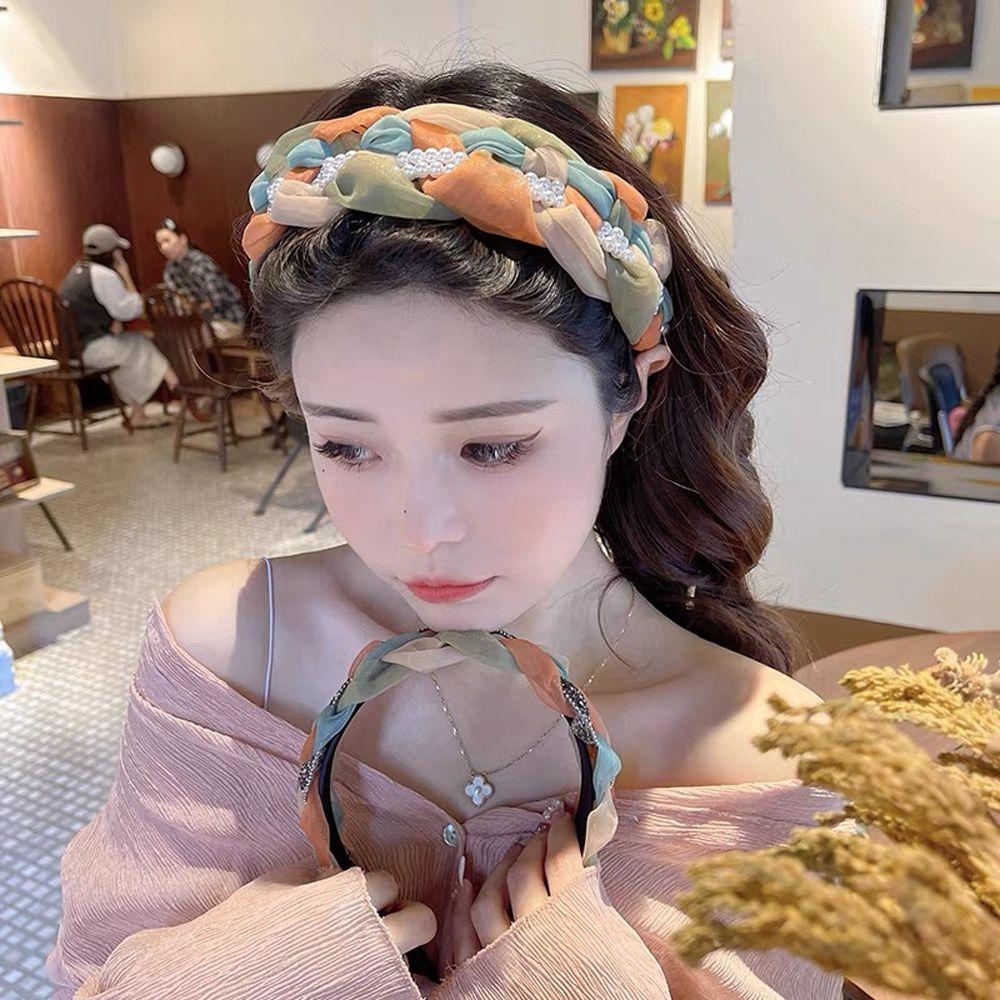 

Pearl Sweet Wash Face Women Mesh Headband Korean Style Hair Hoop Headwear Organza Braided Headband
