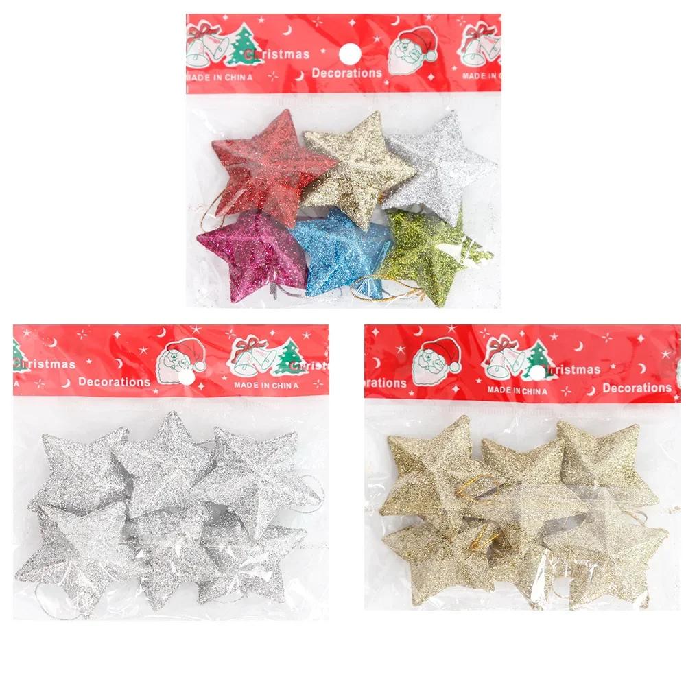 6pcs Glitter Golden Silver Star Christmas Ornament Star Embellishments Pendants for Xmas Tree Hanging Christmas Party Decoration