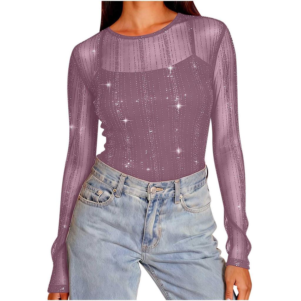 Women's High-Neck Sequin Long Sleeve Top - Spring/Autumn 2026, Stylish & Transparent Inner Layer