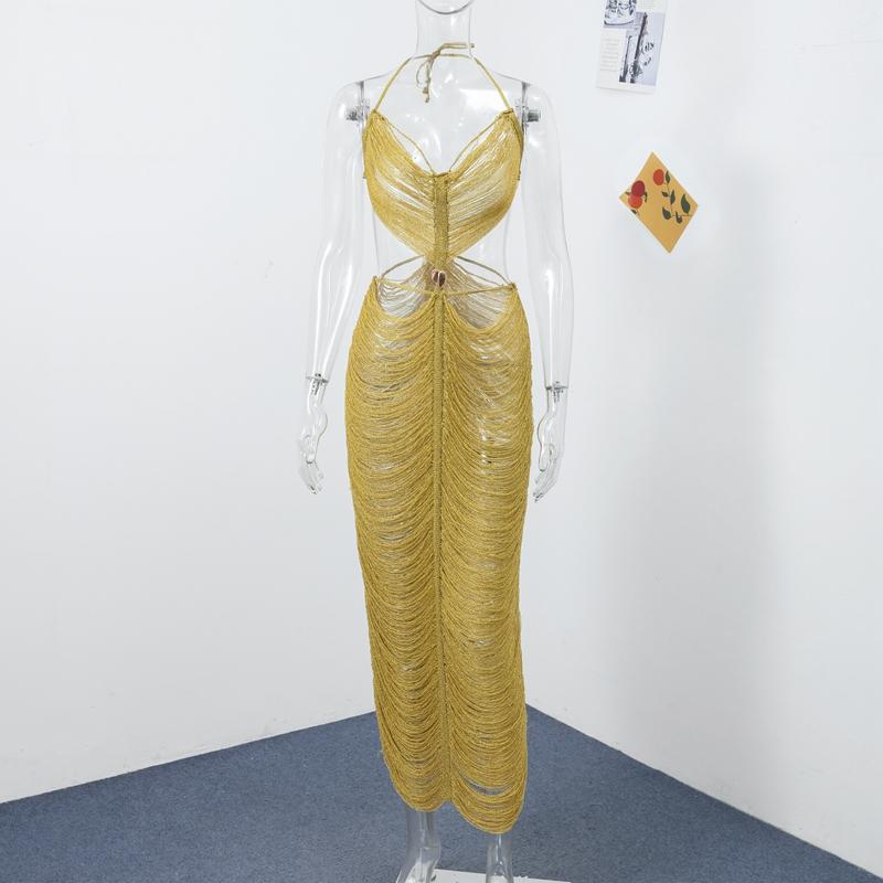 

Сексуальное длинное платье с кисточками и бретельками через шею, женское, без рукавов, с открытой спиной, макси-платья 2025 года, летние платья для вечеринок и клубов на пляже Y2K M золотой