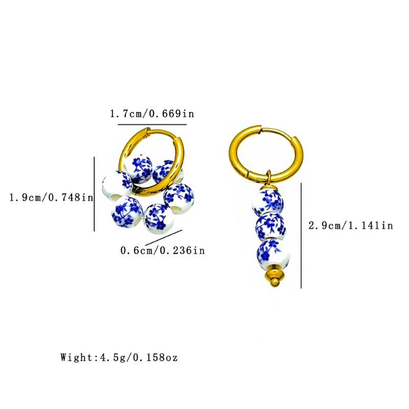 Vintage New Chinese Style Asymmetric Stainless Steel Blue And White Porcelain Beaded Earrings For Women