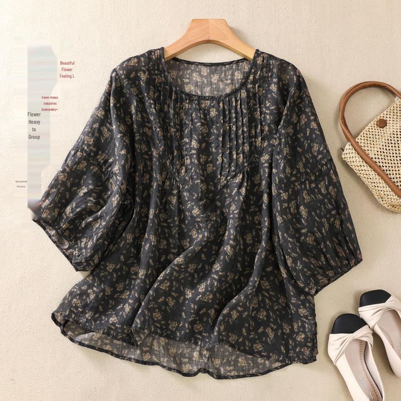 2025 Summer Floral Print Puff Sleeve Round Neck T-shirt