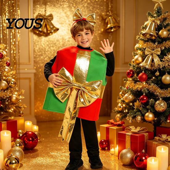 Indoor Outdoor Winter Play Clothes Christmas Box Costume for Kids, Santa Gift Dress Up Outfit Festive Holiday Performance Party, Soft Plush
