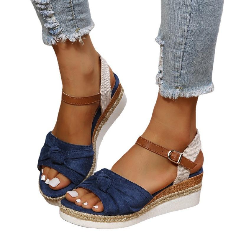 New sandals women's bow hemp rope bottom light casual fish mouth thick bottom cool