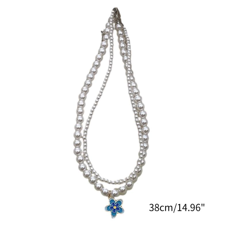 Y2K Style Double Layered-Pearl Clavicle Chain Flower Pendant Choker Necklace Fashion Jewelry Gift Dainty Beaded Necklace