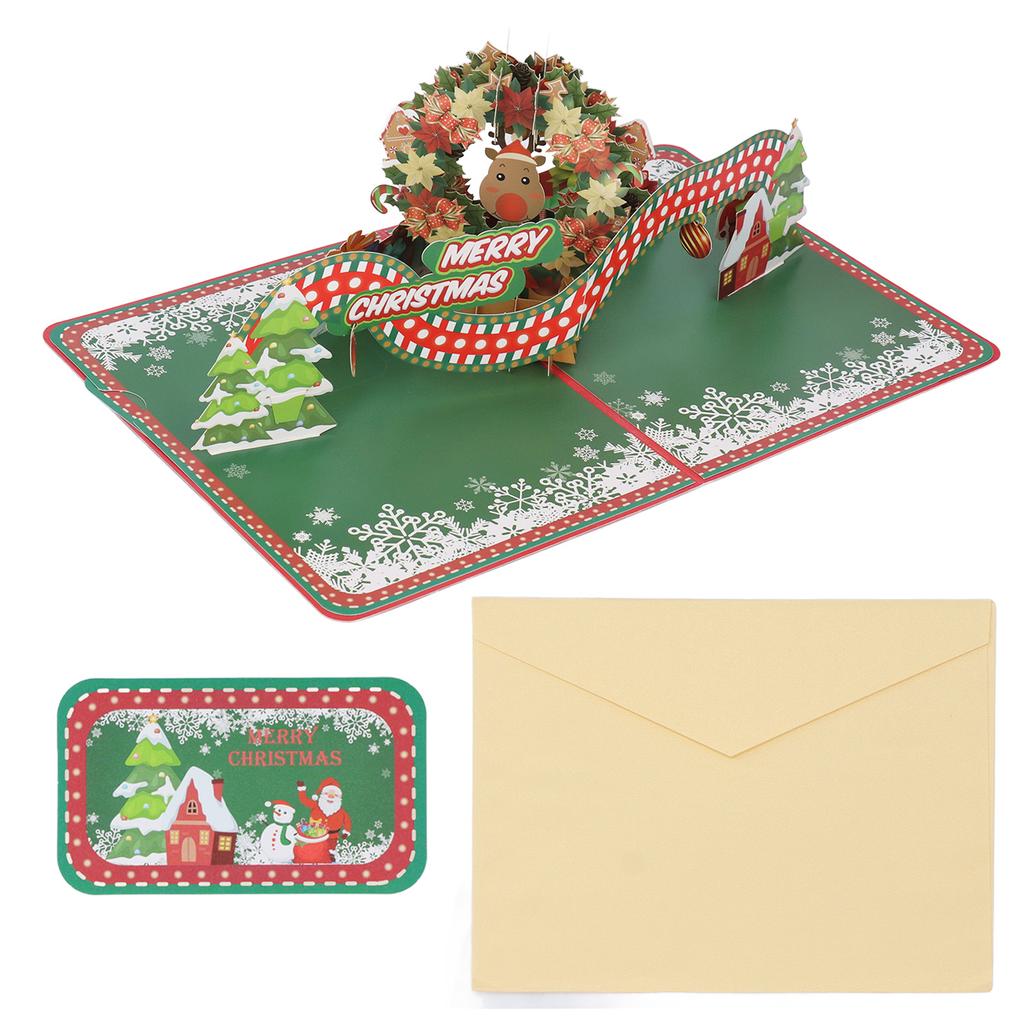 3D Christmas Greeting Card Christmas Wreath Shape Hand Carved Paper Blessing Message Card with Envel