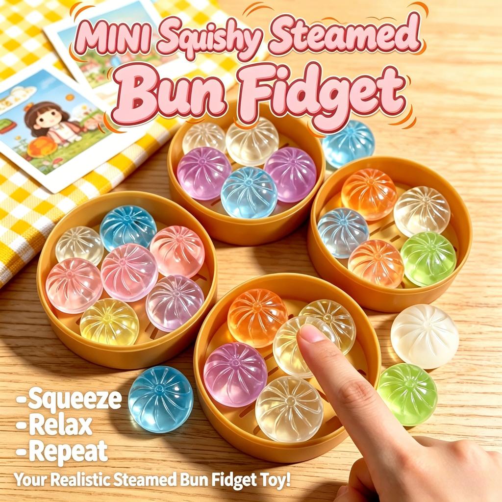 5Pcs Mini Buns with Steamer Bun Squeezable Toys Set Soft Stress Relief Crystal Squishy Fidget Sensory Toy Party Favors Gift