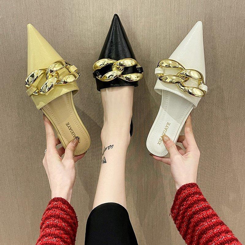 Fashion Aphixta 2025 Fashion New Big Chain Mules Women Slides Pointed Toe Ladies Shoes Summer Footwear Slippers