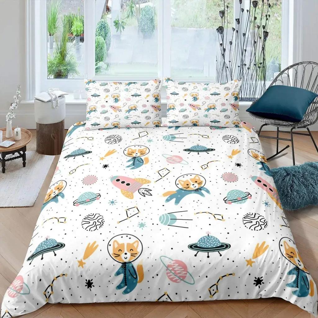 Rocket Duvet Cover Set King Size Spaceship Bedding Set Twin Microfiber Outer Space Galaxy Stars Planet Cartoon Style Quilt Cover