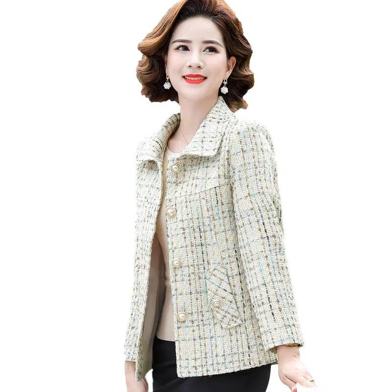 Spring Autumn Fashion Small Fragrance Tweed Jacket Women's Casual Wild Short Coat Mother Plaid Blazer Suit  Elegant  Outwear 5XL