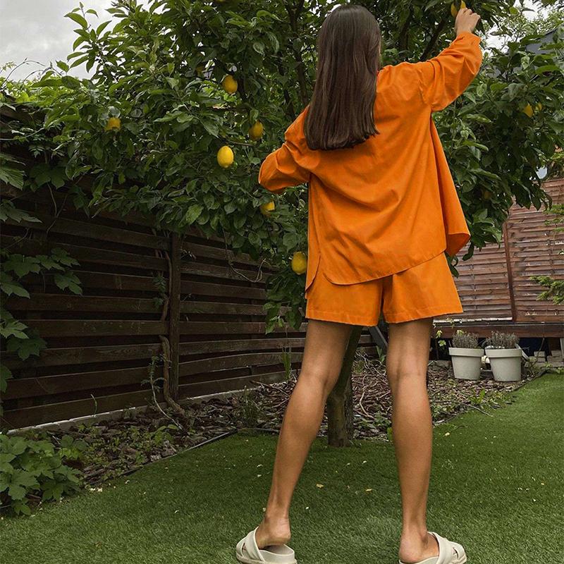 Hirsionsan Yaz Katı Trendy Rahat İki Adet Setleri Kadın Kısa Kollu Gömlek ve Yüksek Bel Şort Takım Elbise Kadın Gevşek Yumuşak Eşofman