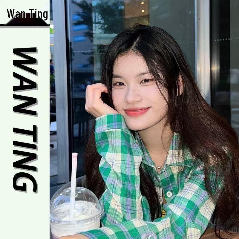 Dámská zelená kostkovaná ležérní halenka s dlouhým rukávem - Lehká, volného střihu na jaro, léto a podzim