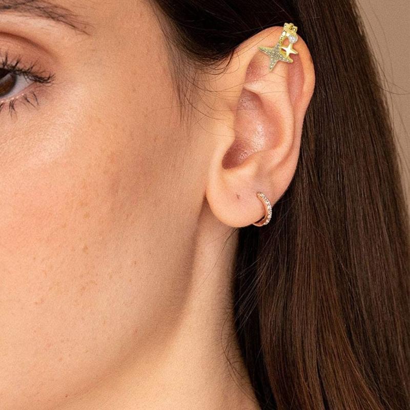 Shimmering Zircon Star Ear Clips Women Cuff Earrings Easy to Wear Copper Texture Suitable for Daily Wear and Parties