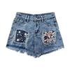 European & American Patchwork Ripped Snowflake Denim Shorts - Women's Slim Fit