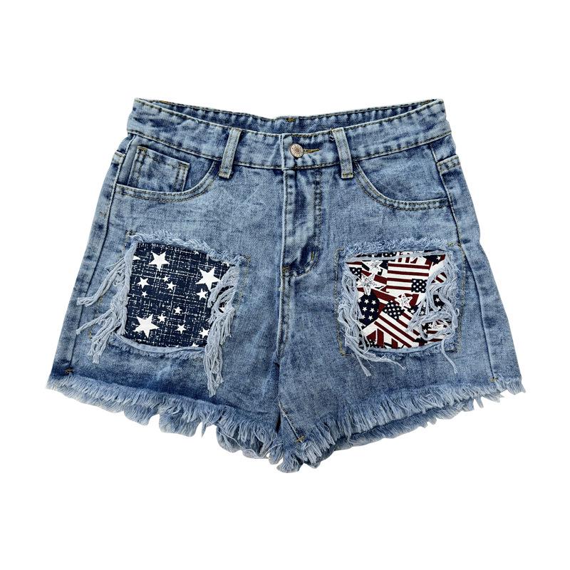 European & American Patchwork Ripped Snowflake Denim Shorts - Women's Slim Fit