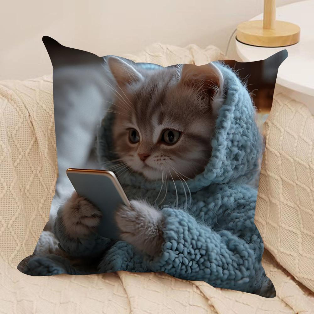 Cute Cat Holding Phone Cushion Cover Silky Short Plush Invisible Zipper Dustproof Sofa Pillow Case For Home Decor