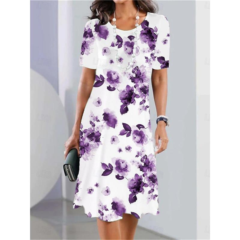 Women's Elegant Woman Clothes Evening Midi Dress Crew Neck Short Sleeve Casual Dress Shift DressFemale Clothing Casual Floral