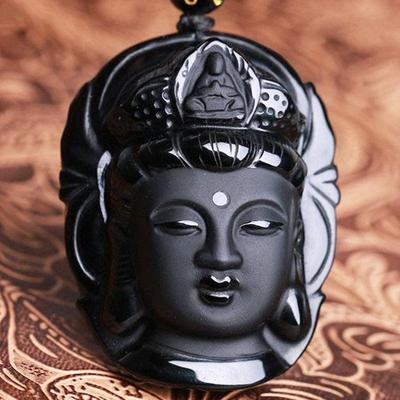 Obsidian Guanyin & Buddha Anhänger Halskette mit Ruyi Elefanten Design