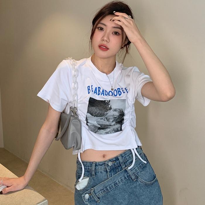 

Cotton elastane summer dopamine wear short slim fit waist design short sleeve T-shirt women M белый