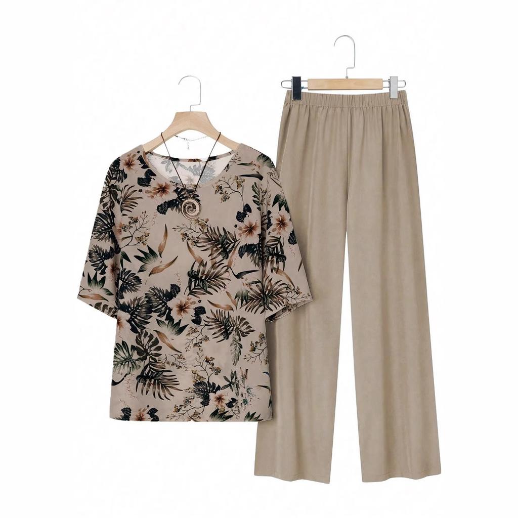 Women's plus size set printed short-sleeved T-shirt casual loose solid color trousers clothes sale