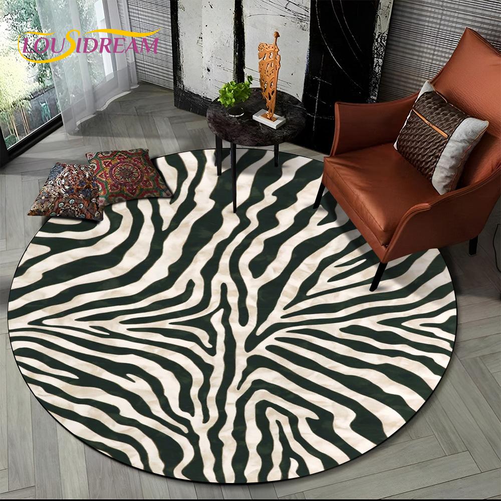 3D Barevný Pruhovaný Vzor Zebra Kulatý Koberec pro Obývací Pokoj, Ložnici, Dětský Herní Koutek Dekor, Protiskluzová Podložka do Zóny pro Domácí Mazlíčky