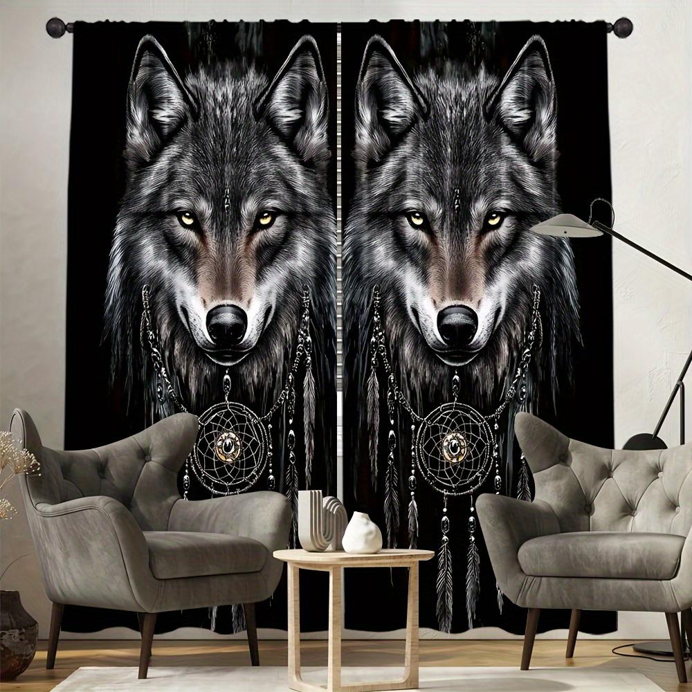 2pc Retro Wolf Sheer Curtains – Wolf Head & Dreamcatcher Print   Light-Filtering for Living Room & Study – Mystical Decor