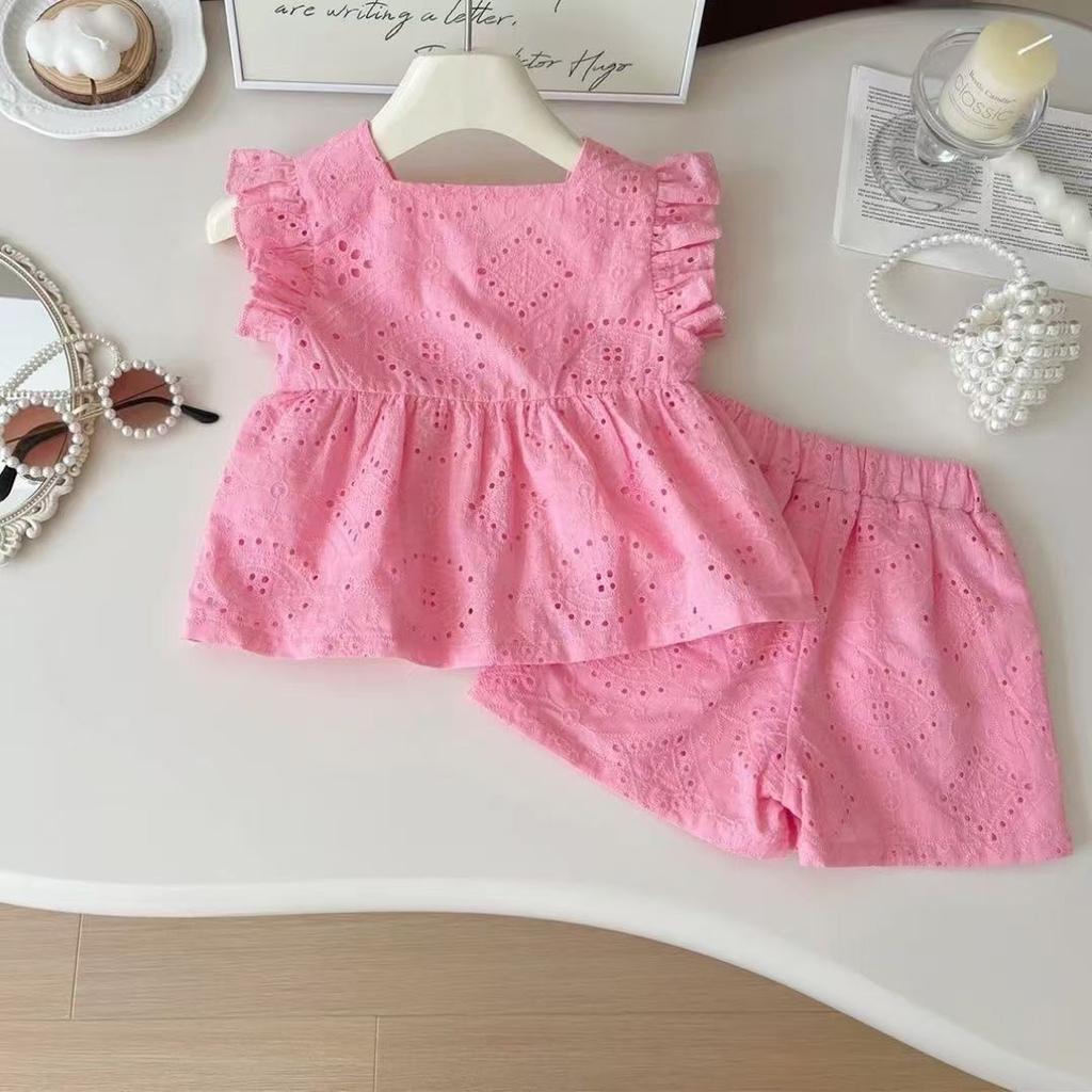 Girls Summer Pink Cotton Cap Sleeve Top And Shorts Set Baby Girl Two Piece Outfit Casual Soft Breathable Clothes