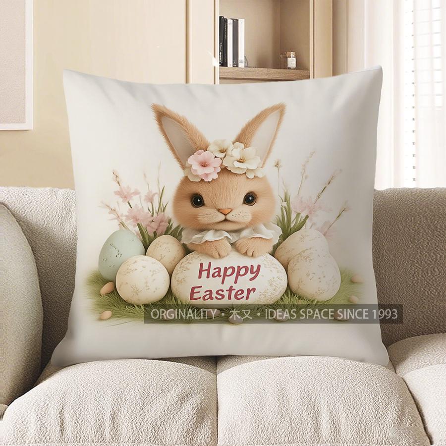 Home Decor Pink Easter Truck With Eggs And Flowers Pattern Cushion Cover Suitable For Sofa Bedroom Car Pillow Cover