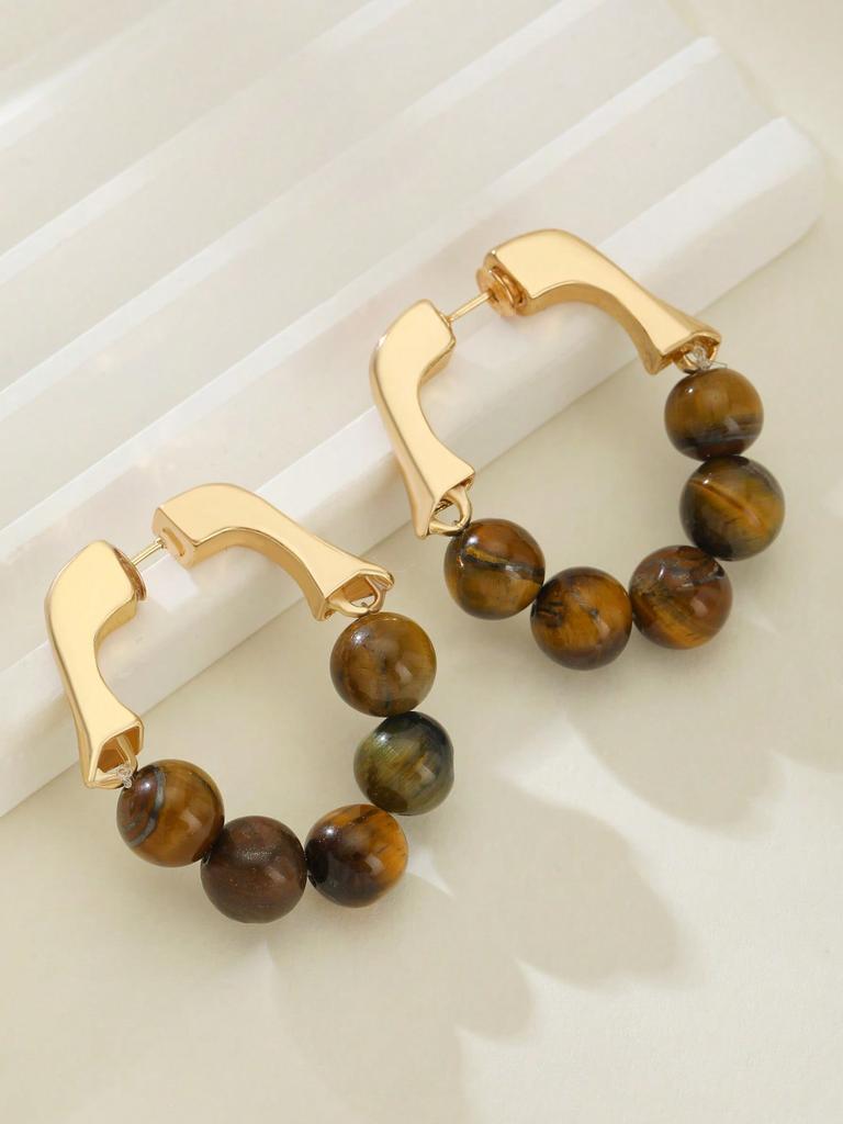1 Pair Vintage Western Style Minimalist Round Bead Hoop Earrings, Unique Design Fashion Jewelry For Women, Suitable For Daily Wear & Vacation