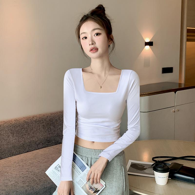 

Square Collar Long-sleeved T-shirt for Women In Spring New Style Waist-hugging Slim Cotton Base Shirt XXL сірий