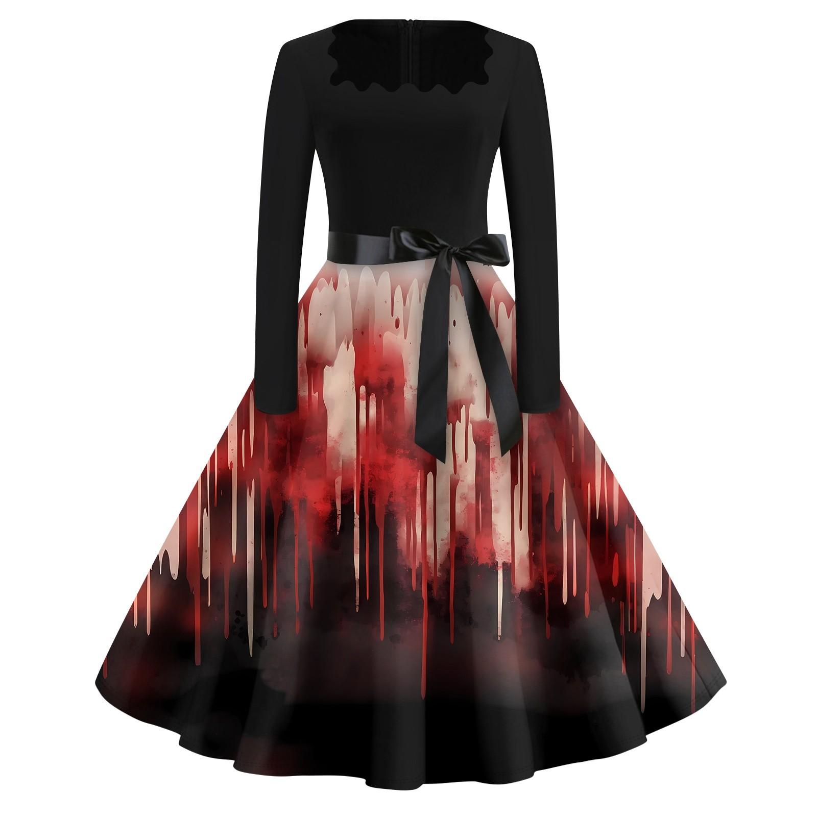 

Платье с расклешенным принтом на Хэллоуин для женщин, платье с длинным рукавом, полые вечерние повседневные платья XL