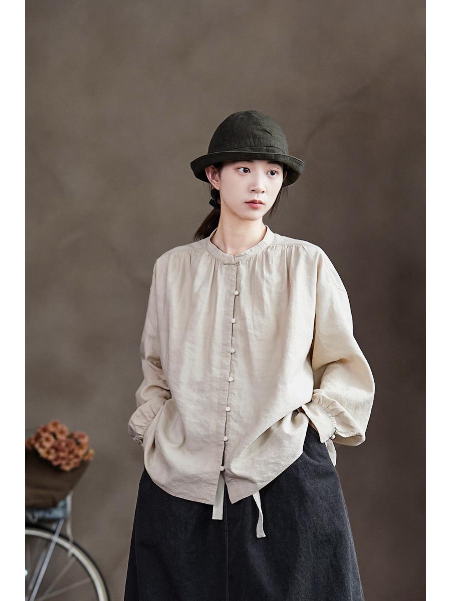 Autumn Women s Retro Linen Shirt in Rice Beige - Loose Fit Chinese Style M