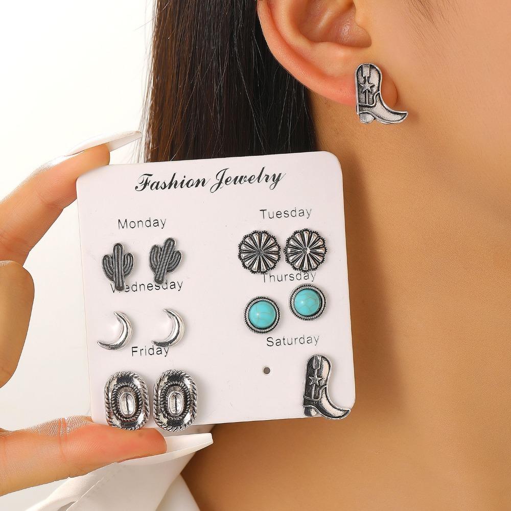 6pcs Set Retro Ethnic Western Cowboy Style Hat Boots Moon Cactus Turquoise Stud Earrings for Women Fashion Jewelry Sets Gifts