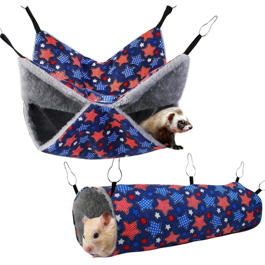2pcs Pet Ferret Double Layer Hammock+Tunnel Set Guinea Pigs Plush Winter Warm Hanging Nest Sleeping Bed Small Pet House