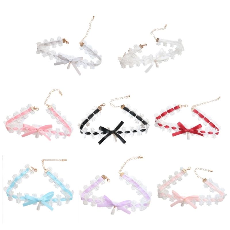 Elegant Lace Collar Necklace Maid Neck Collar Bowknot Lace Choker Necklace Chain Choker Suitable for Cosplay and Parties