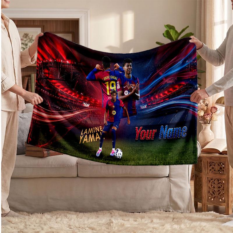 Coperta in pile personalizzata Lamine Yamal con logo del calcio, testo con nome personalizzato, morbida, calda, coperta da divano per la casa