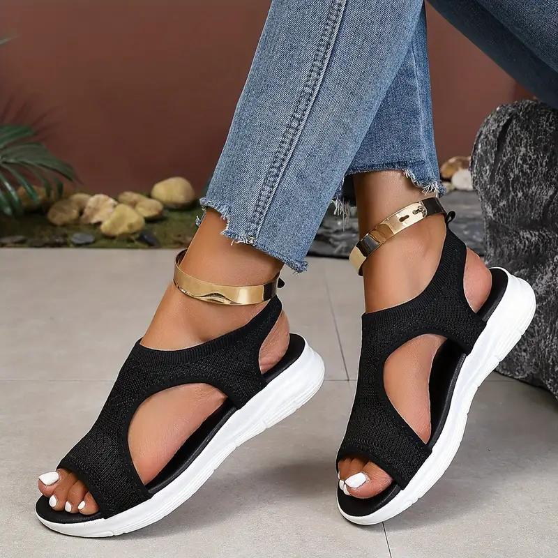 Women's Solid Color Flat Sandals, Breathable and Comfortable Summer Shoes, Lightweight Ankle Strap Sandals