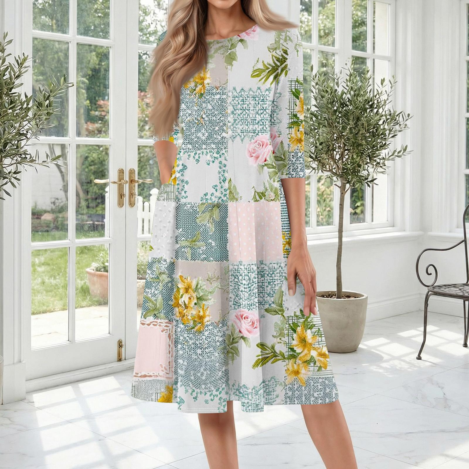 

Women’s Casual Mid-Length Dress with Floral Patchwork Print Round Neck Three Quarter Sleeve Loose Fit Comfortable Style L ціан