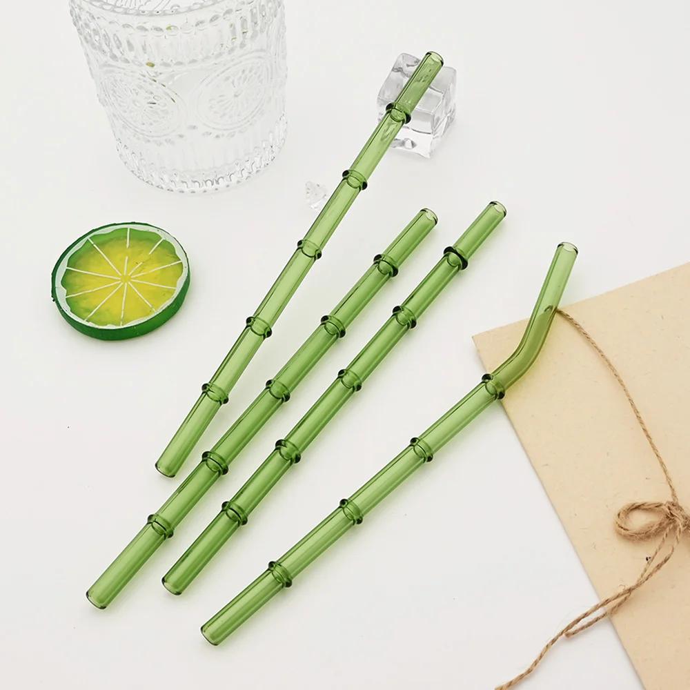 5/10Pcs Reusable Glass Straw with Brush Green Bamboo-shaped Straws Set Suitable for Milkshakes Juices Coffee Bar Accessories