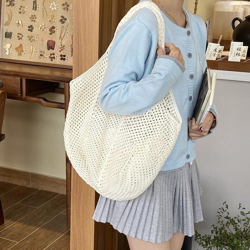 

Casual Beach Vacati Knitting Shoulder Bags for Women Large Capacity Ladies Shopping Tote Simple Hollow Design Female Handbags бежевый