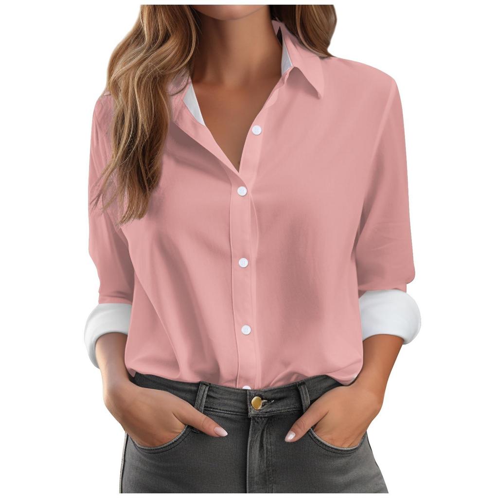 Women's Loose Fashion Shirts Solid Color Band Collar Long Sleeve Shirts Slim Tops