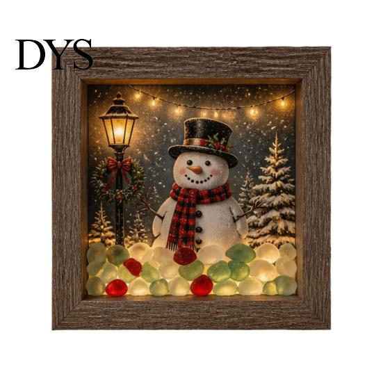 3D Winter Miniature Christmas Snowy Night Light Picture Frame, Vintage Wooden Frame Mini Cabin Ornament Landscape Lamp, Desktop Atmosphere Decor