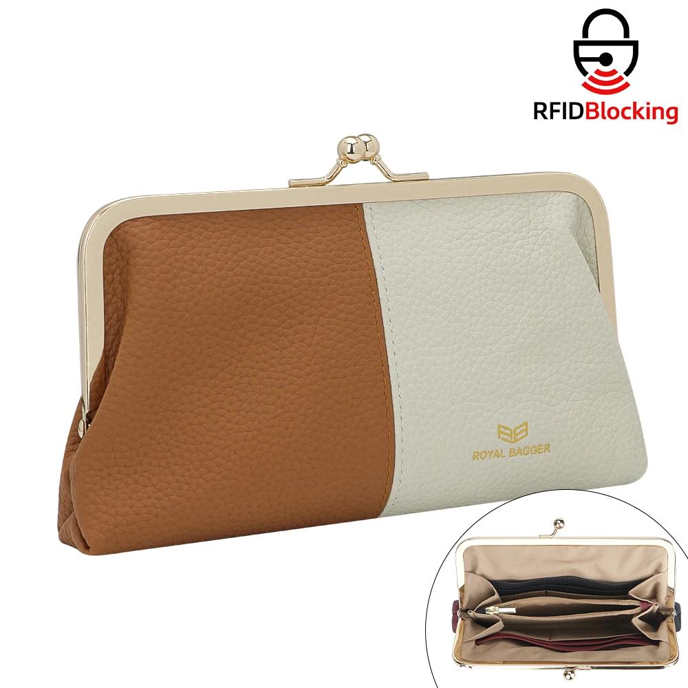 

Royal Bagger RFID Kiss Lock Wallet, Solid Color Multi-card Slots Card Holder, Genuine Leather Clutch Purses for Women 1468