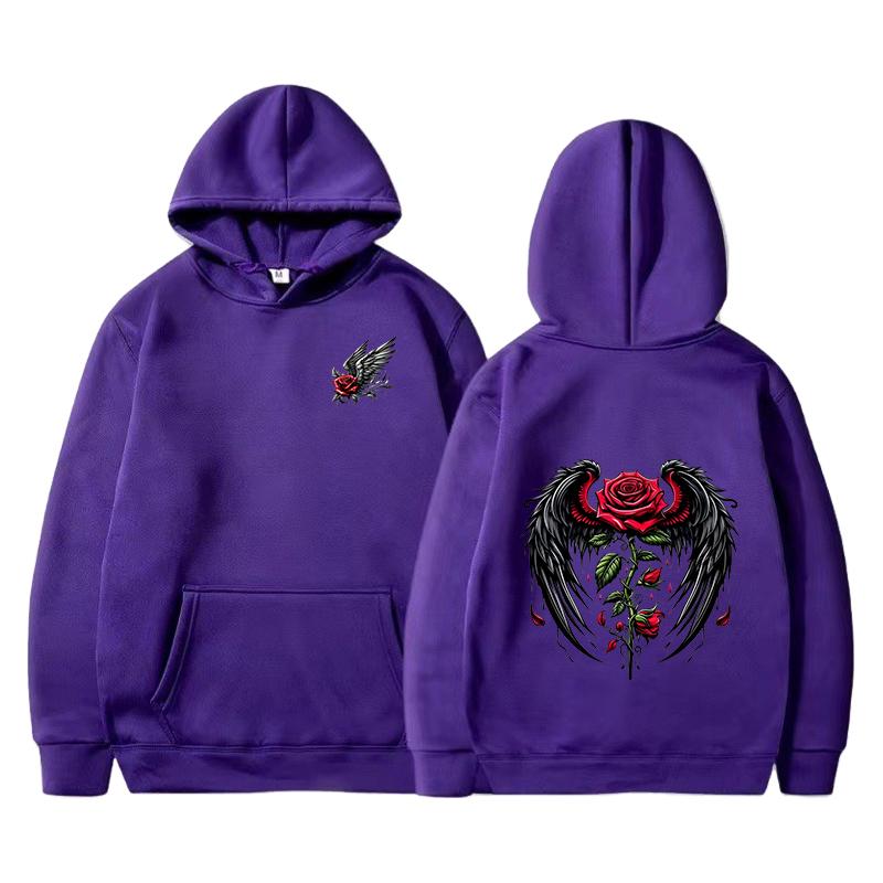 Rose wing pattern printed hoodie fashion trend brand autumn and winter loose hoodie Y2K hip-hop street wear men's and women's pu