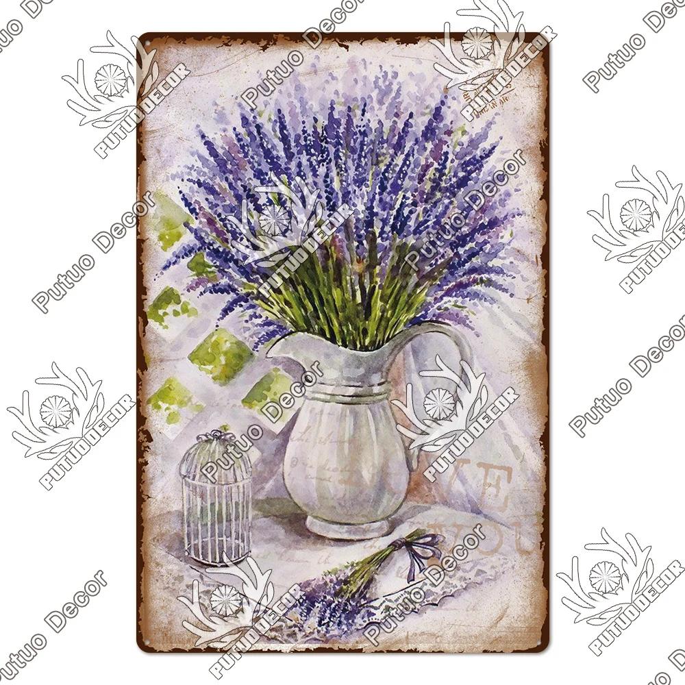 Putuo Decor Lavendel Metallskyltar Plåtposter Metall Vintage Solros Skyltar Retro Blomma Plåtskylt Tusensköna Väggdekor för Hem Trädgård