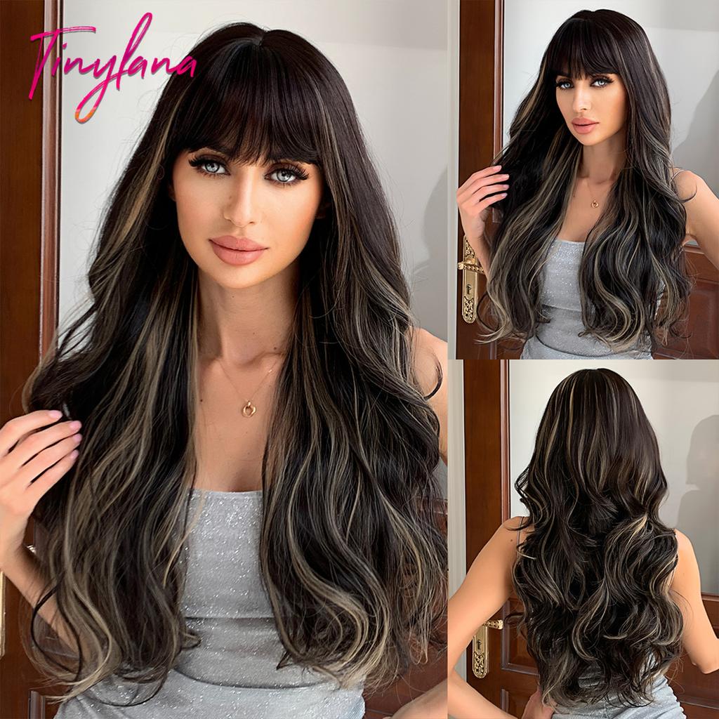 Light Pink Long Wavy Cosplay Synthetic Hair Wigs with Bangs for White Women Afro Lolita Water Wave Halloween Heat Reisitant Wig