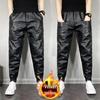 Winter Men's Plus Velvet Thick Motorcycle PU Leather Pants - Black Warrior Windproof Waterproof Warm Trousers.