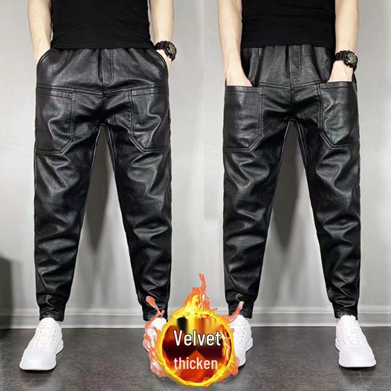 Winter Men's Plus Velvet Thick Motorcycle PU Leather Pants - Black Warrior Windproof Waterproof Warm Trousers.